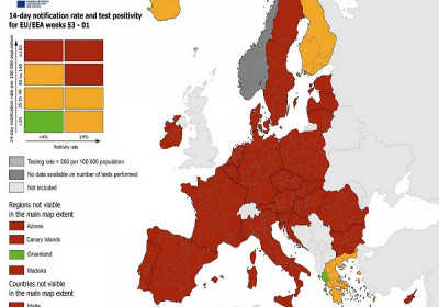Ο χάρτης ECDC για τον κορονοϊό στην Ευρώπη: Στις πράσινες περιοχές η Ελλάδα, «κόκκινη» όλη η Ευρώπη