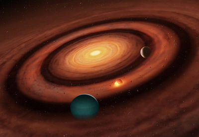 Καλλιτεχνική απεικόνιση του τρόπου με τον οποίο μπορούν να σχηματιστούν μικροί πλανήτες ανάμεσα σε δύο μεγαλύτερους