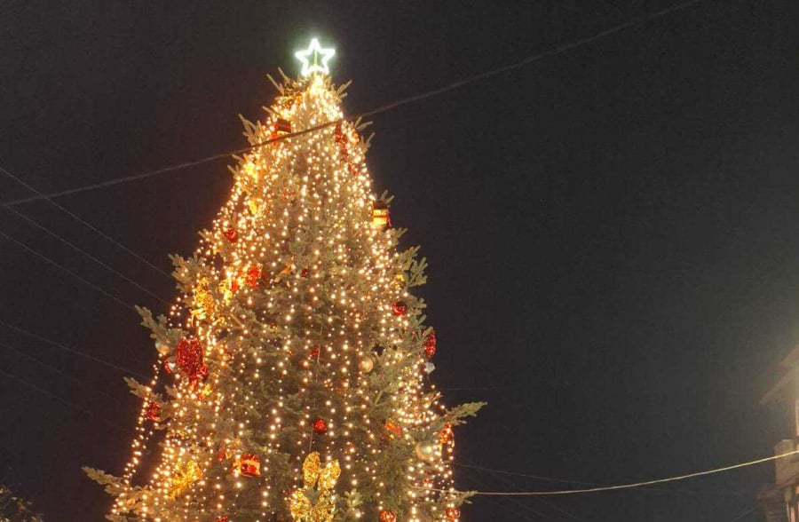 Τα Χριστούγεννα «έφτασαν» στον Ταξιάρχη - Φωταγωγήθηκε το ύψους 14 μ. δέντρο (Εικόνα)