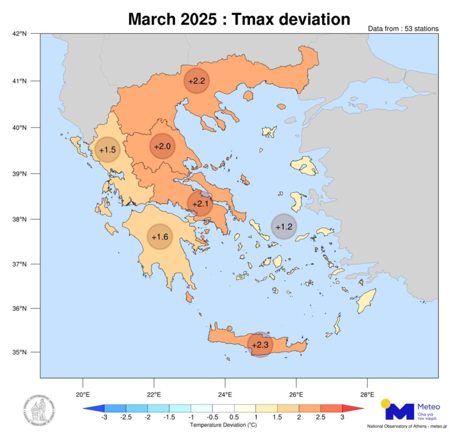 Meteo: Ο φετινός Μάρτιος ήταν ο θερμότερος από το 2010 για Στερεά Ελλάδα και Πελοπόννησο (γράφημα)