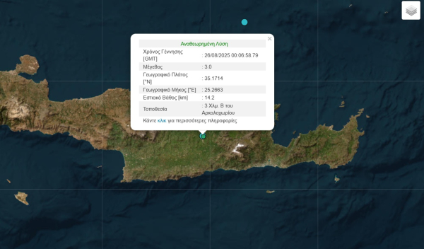 Σεισμός τώρα στο Αρκαλοχώρι στην Κρήτη