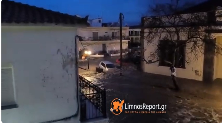 Ήχησε το 112 στη Λήμνο - Δρόμοι μετατράπηκαν σε ποτάμια από τις σφοδρές καταιγίδες (Βίντεο)